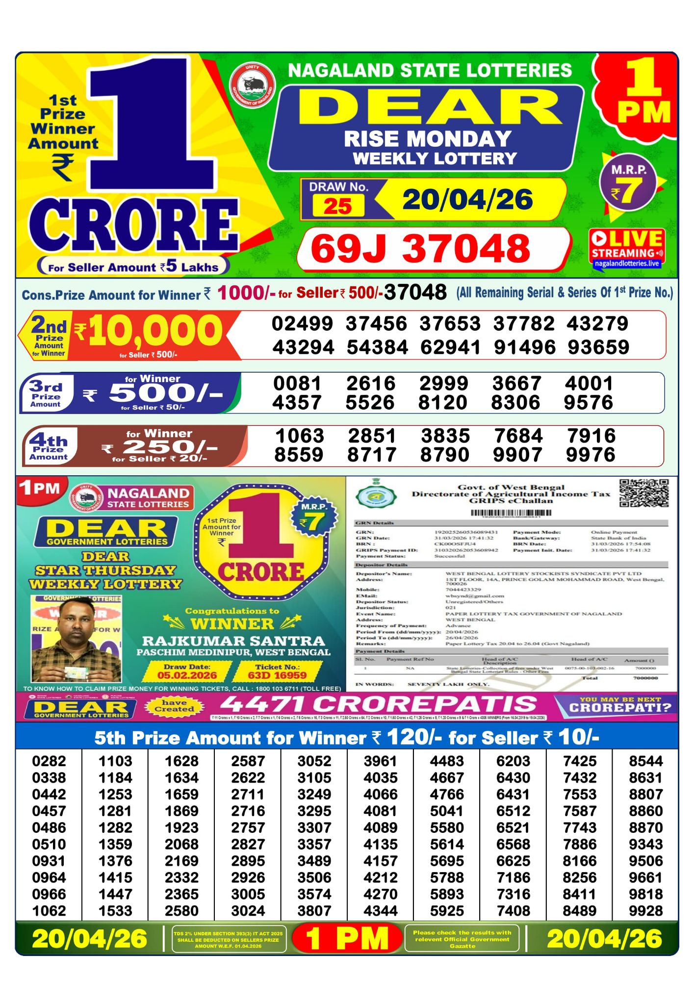 Dear Lottery 1PM Result