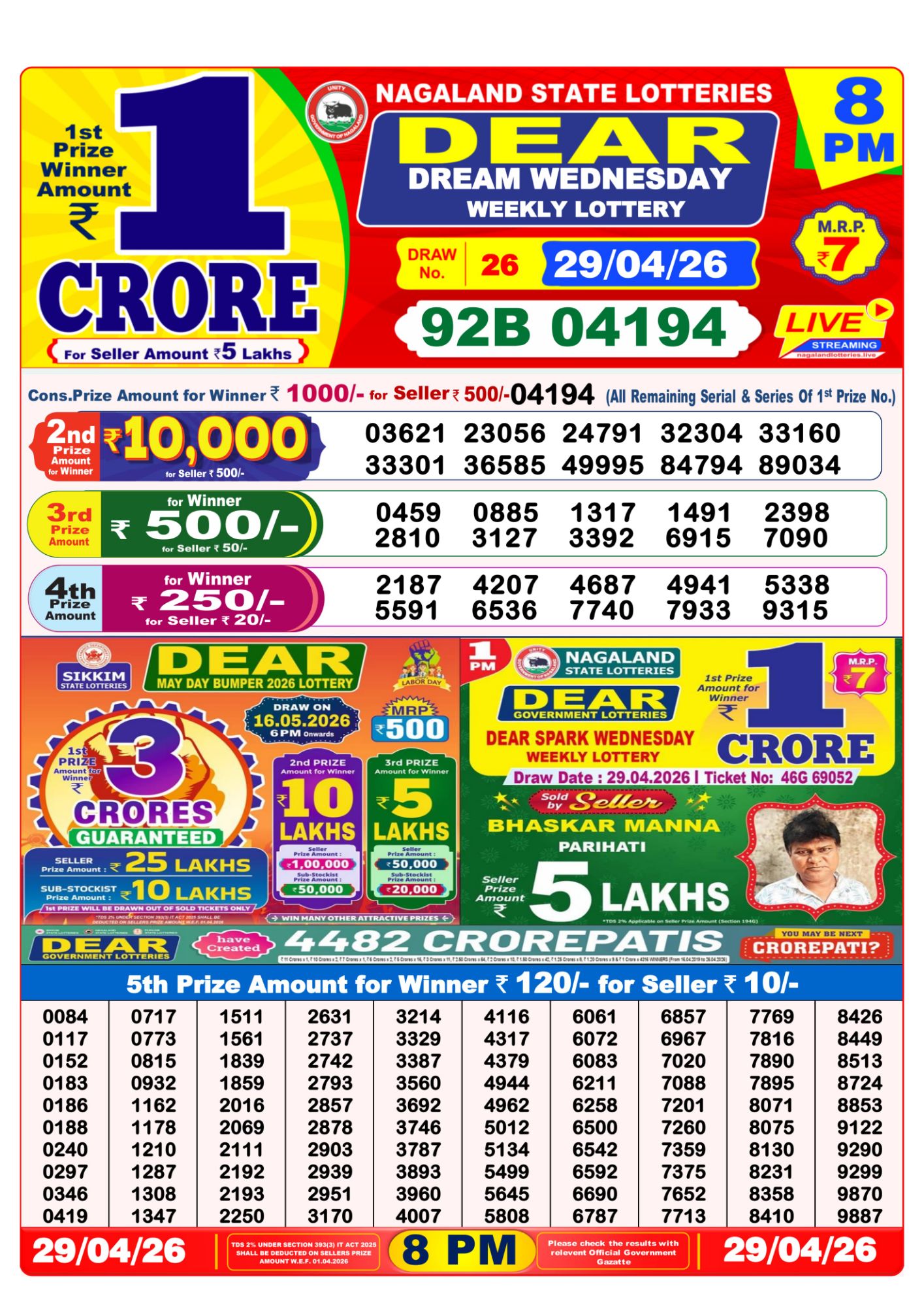 Dear Lottery 8PM Result