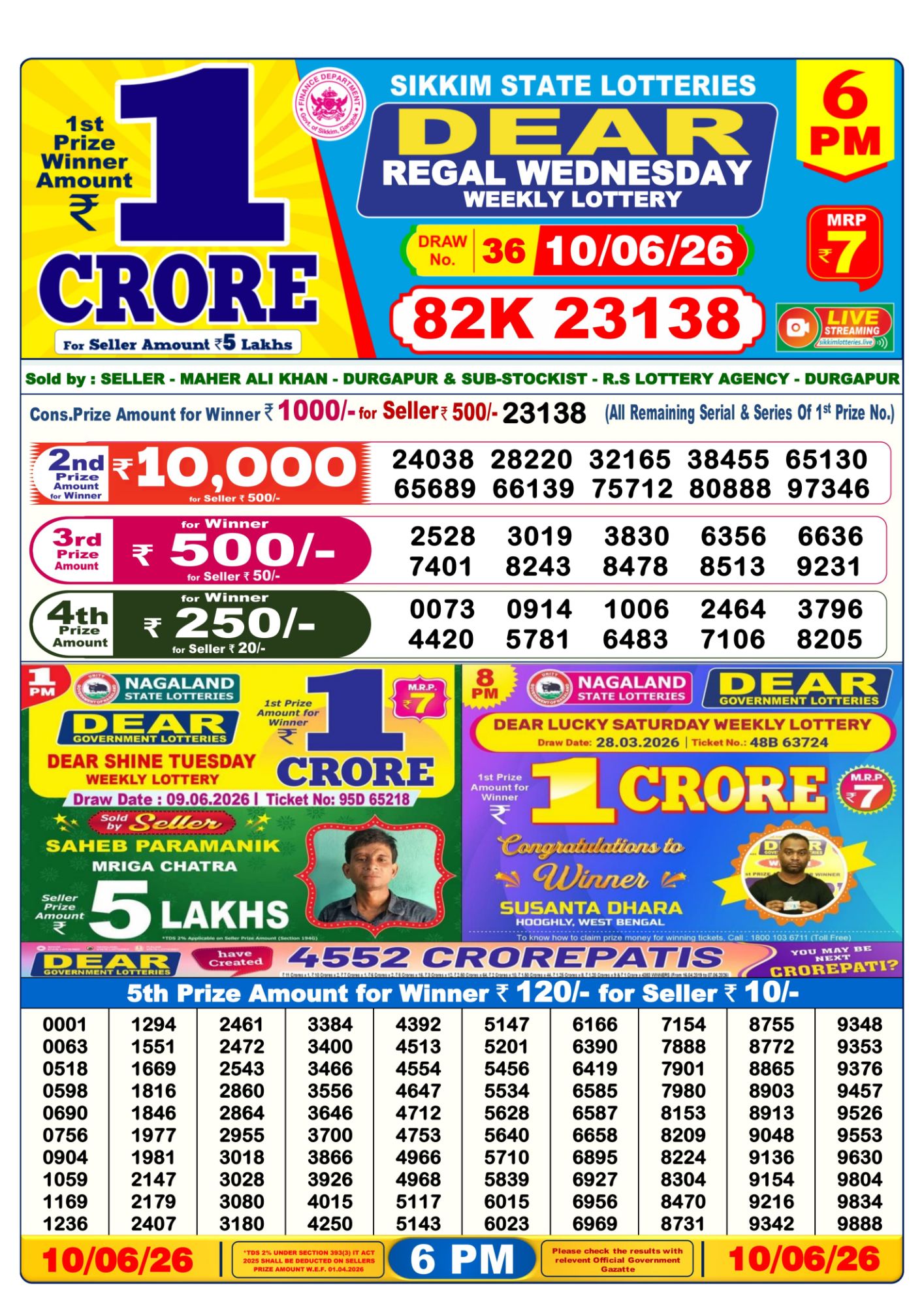 Dear Lottery 6PM Result