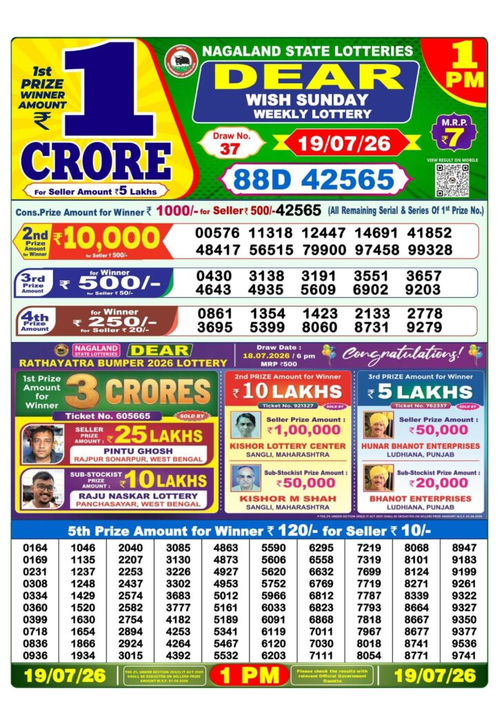Dear Lottery 1PM Result