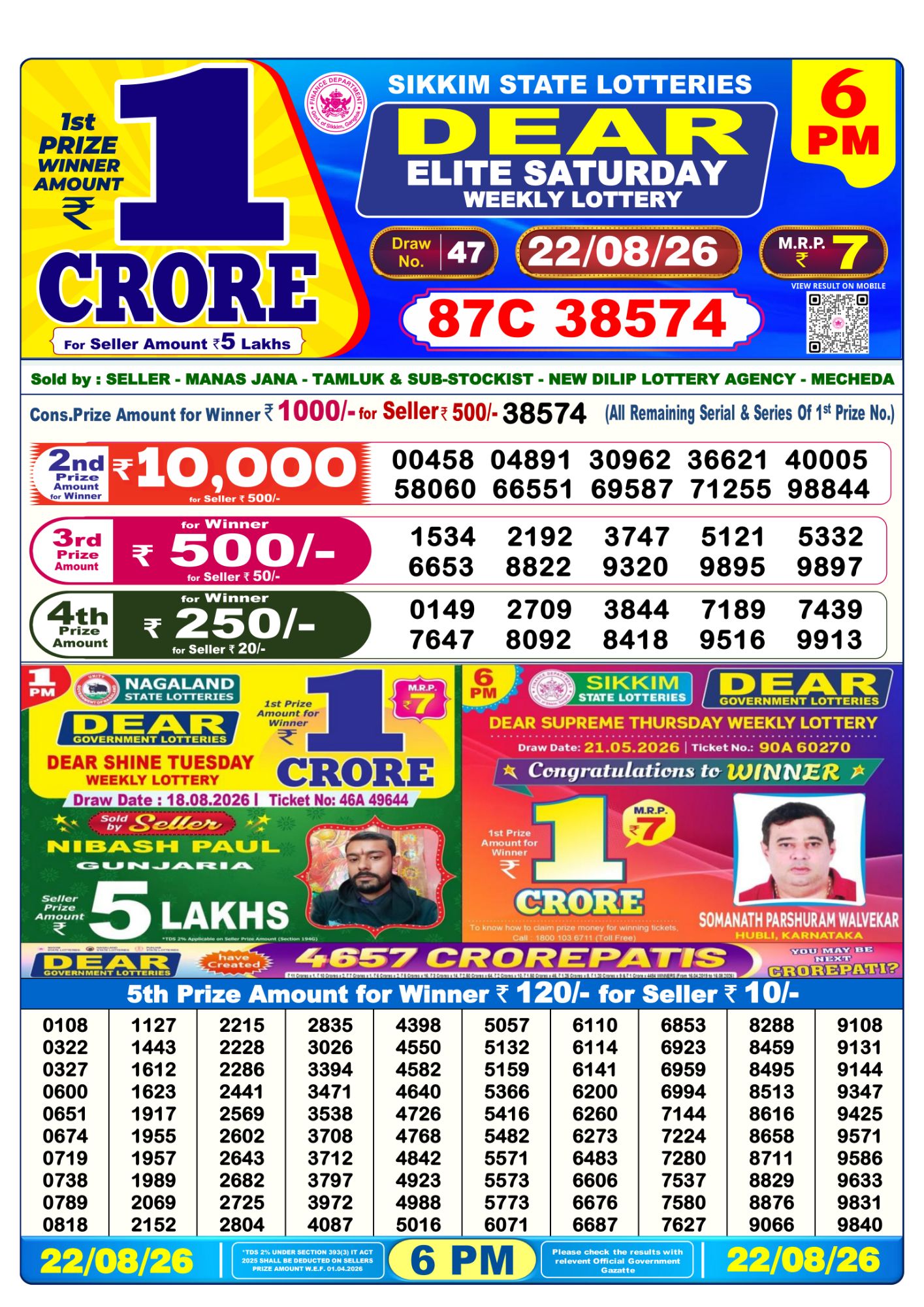 Dear Lottery 6PM Result