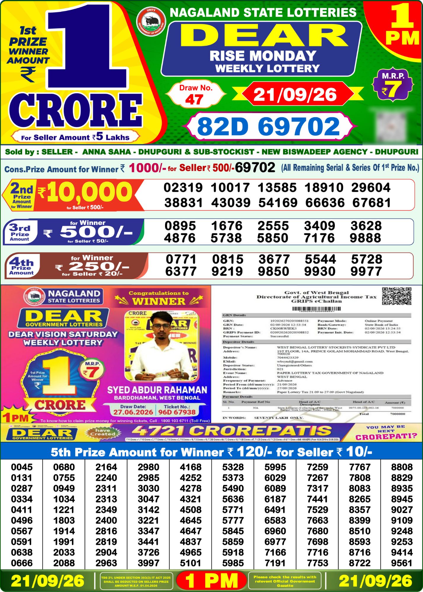 Dear Lottery 1PM Result
