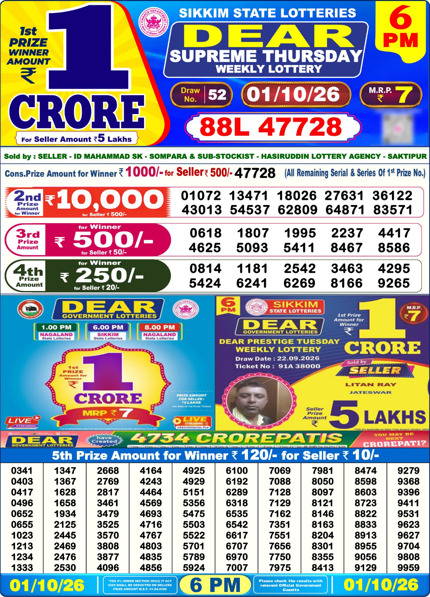Dear Lottery 6PM Result